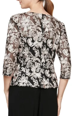 3/4 Sleeve Blouse With Embroidered Detail And Illusion Neckline