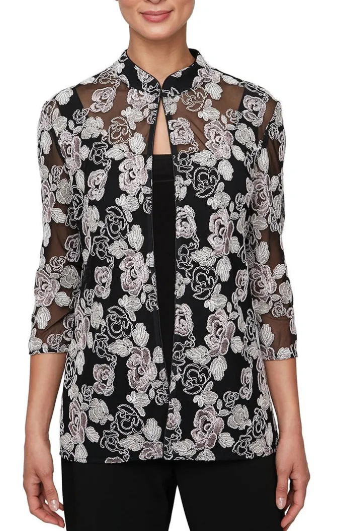 3/4 Sleeve Corded Tulle Twinset With Mandarin Neck Elongated Jacket & Jersey Scoop Neck Tank