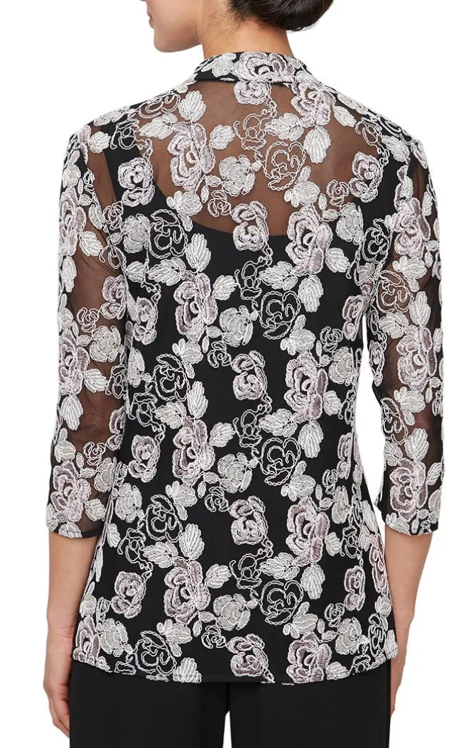 3/4 Sleeve Corded Tulle Twinset With Mandarin Neck Elongated Jacket & Jersey Scoop Neck Tank