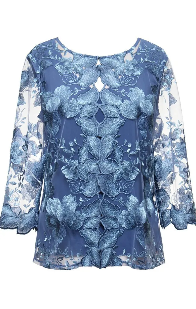 3/4 Sleeve Embroidered Mock Twinset With Hook Neck Closure And Scoop Neck Solid Tank