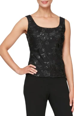 3/4 Sleeve Embroidered Twinset With Elongated Button Front Jacket And Scoop Neck Tank