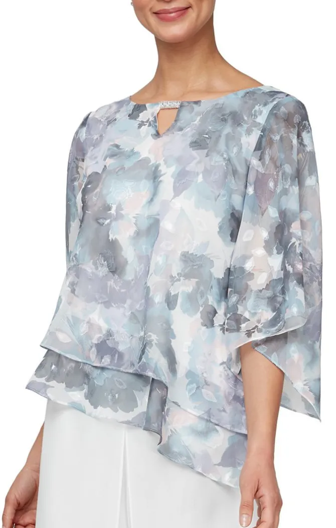 3/4 Sleeve Printed Blouse With Embellished Cutout Neckline & Asymmetric Tiered Hem