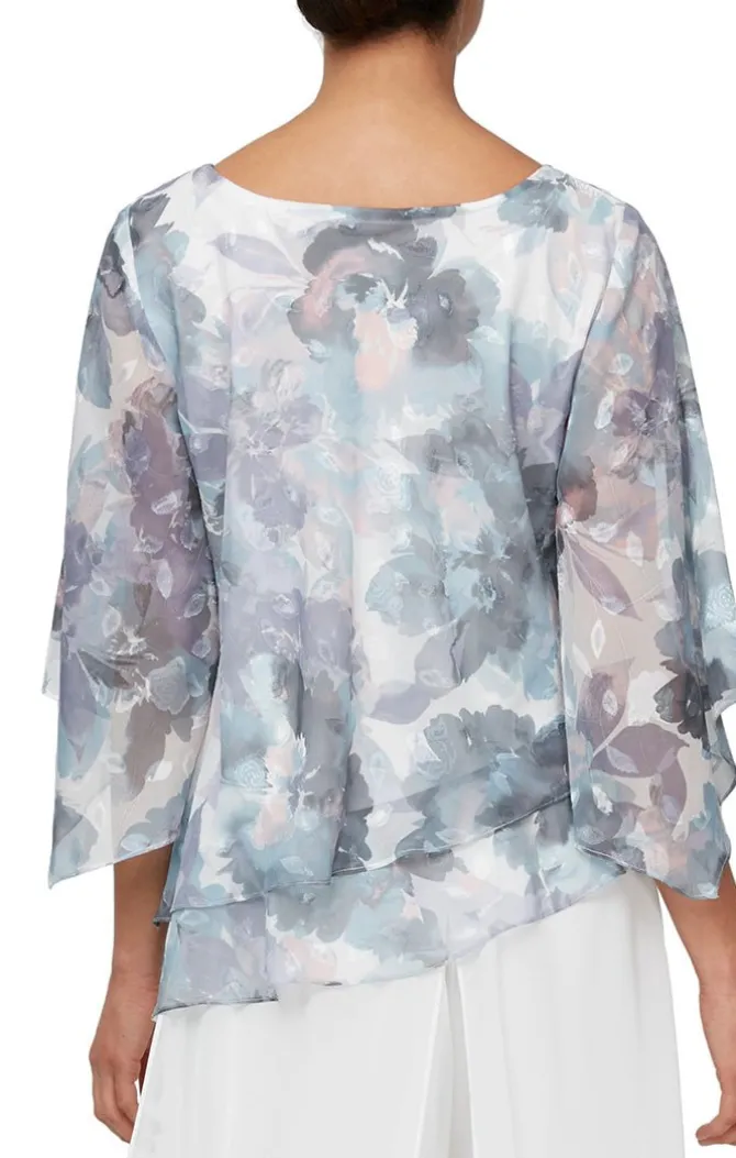 3/4 Sleeve Printed Blouse With Embellished Cutout Neckline & Asymmetric Tiered Hem