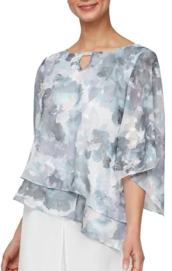 3/4 Sleeve Printed Blouse With Embellished Cutout Neckline & Asymmetric Tiered Hem