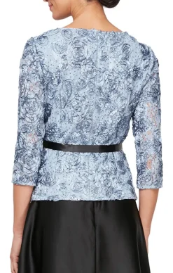 3/4 Sleeve Rosette Blouse With Illusion Neckline & Tie Belt