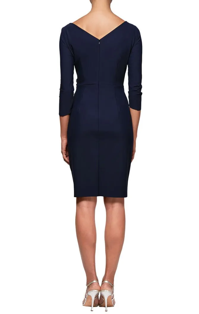 3/4 Sleeve Short Compression Collection Surplice Sheath Dress With Beaded Hip Detail & Cascade Ruffle Detail