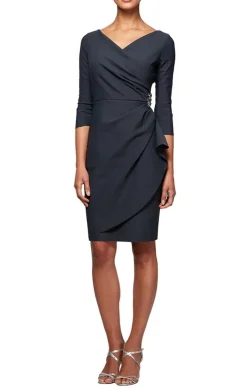 3/4 Sleeve Short Compression Collection Surplice Sheath Dress With Beaded Hip Detail & Cascade Ruffle Detail