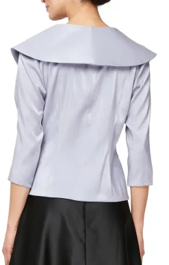 3/4 Sleeve Stretch Shimmer Blouse With Flower Detail Side Closure & Portrait Collar