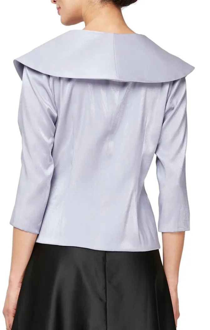 3/4 Sleeve Stretch Shimmer Blouse With Flower Detail Side Closure & Portrait Collar