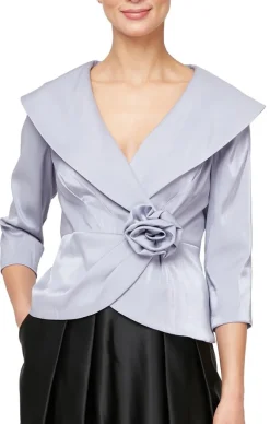 3/4 Sleeve Stretch Shimmer Blouse With Flower Detail Side Closure & Portrait Collar