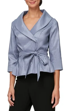3/4 Sleeve Surplice Stretch Taffeta Blouse With Tie Waist Detail