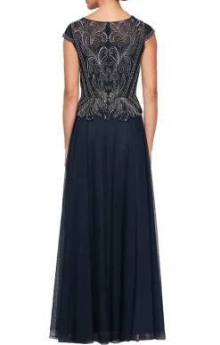 A-Line V-Neck Dress With Beaded Bodice & Cap Sleeves