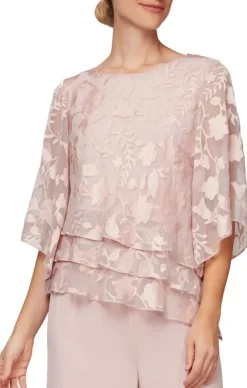 Burnout Chiffon Blouse With Asymmetrical Triple Tier Hem & Illusion Sleeves