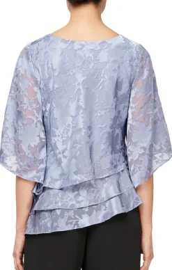 Burnout Chiffon Blouse With Asymmetrical Triple Tier Hem & Illusion Sleeves
