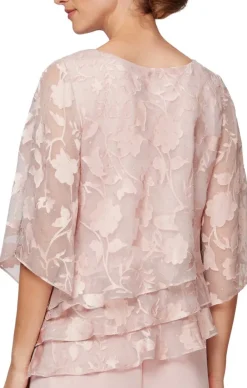 Burnout Chiffon Blouse With Asymmetrical Triple Tier Hem & Illusion Sleeves