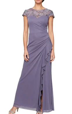 Cap Sleeve Dress With Embroidered Illusion Neckline & Cascade Detail Skirt