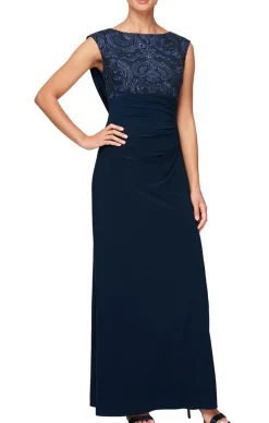 Cap Sleeve Empire Waist Dress With Matte Jersey Body And Cowl Back Detail With An Embroidered Sequin Lace Bodice