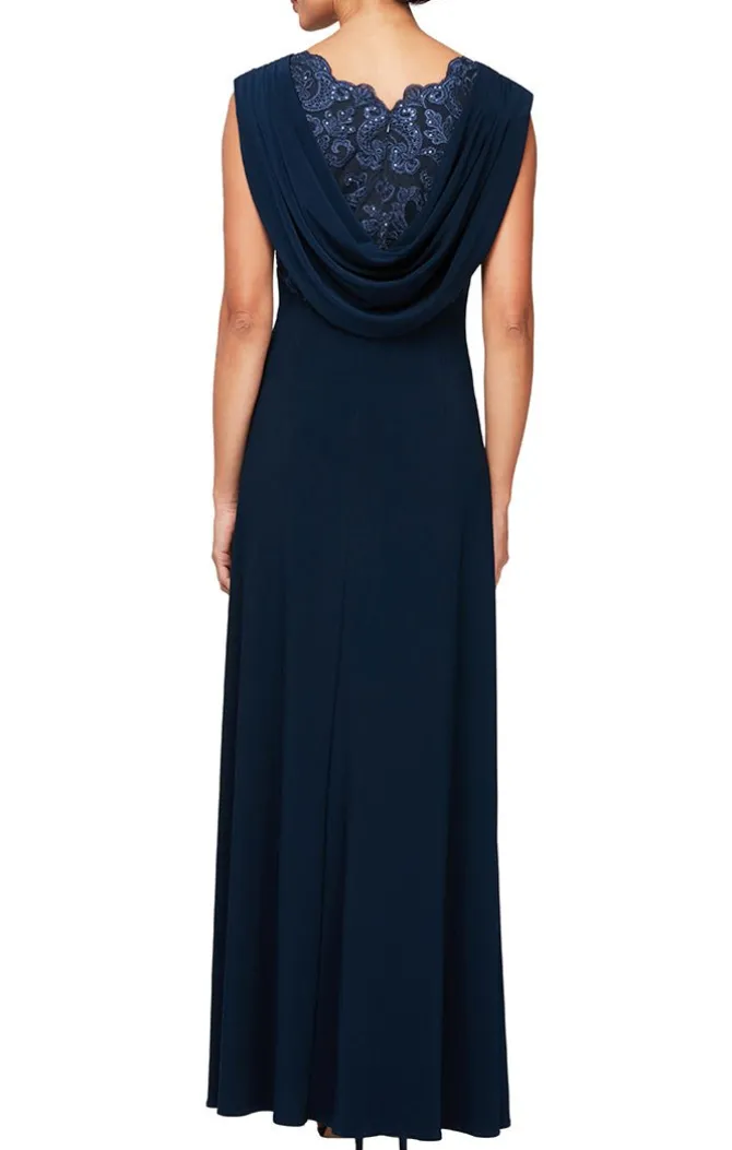 Cap Sleeve Empire Waist Dress With Matte Jersey Body And Cowl Back Detail With An Embroidered Sequin Lace Bodice