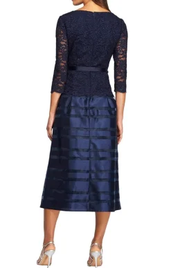 Cocktail Dress With Lace Bodice, Illusion 3/4 Sleeves & Striped Organza Skirt