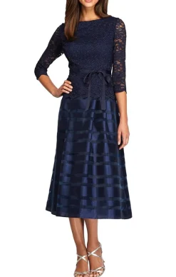 Cocktail Dress With Lace Bodice, Illusion 3/4 Sleeves & Striped Organza Skirt