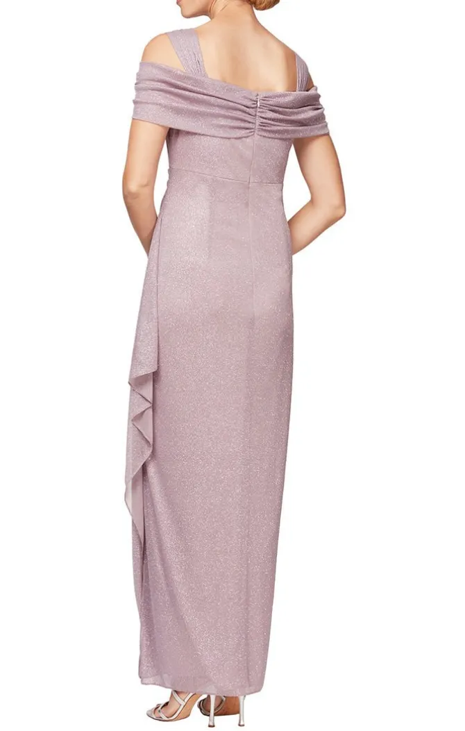 Cold Shoulder Glitter Mesh Dress With Draped Skirt & Cowl Neckline