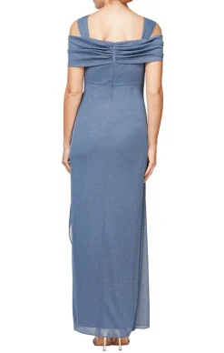 Cold Shoulder Glitter Mesh Dress With Draped Skirt & Cowl Neckline