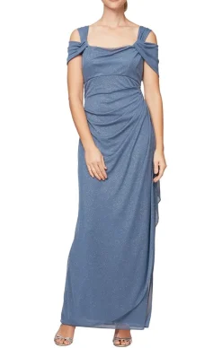Cold Shoulder Glitter Mesh Dress With Draped Skirt & Cowl Neckline