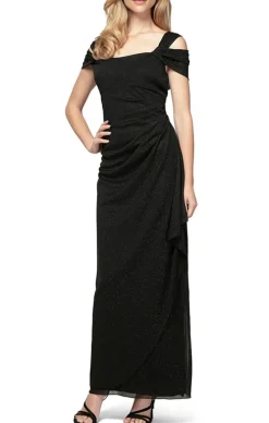 Cold Shoulder Glitter Mesh Dress With Draped Skirt & Cowl Neckline