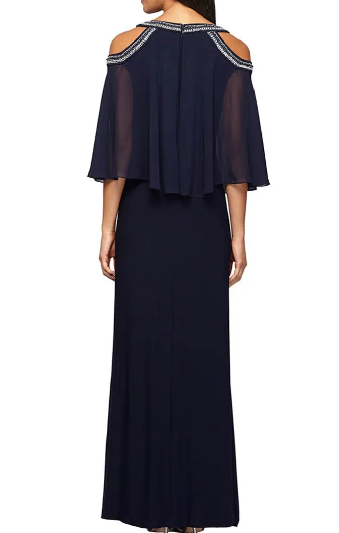 Cold Shoulder Popover Jersey & Chiffon Gown With Beaded Neckline