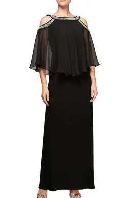 Cold Shoulder Popover Jersey & Chiffon Gown With Beaded Neckline