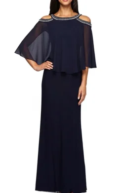 Cold Shoulder Popover Jersey & Chiffon Gown With Beaded Neckline
