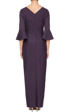 Compression Collection Long Sheath Dress With Bell Sleeves, A Cascade Ruffle Tulip Hem Skirt & Embellishment Detail At Hip
