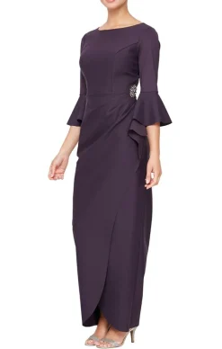 Compression Collection Long Sheath Dress With Bell Sleeves, A Cascade Ruffle Tulip Hem Skirt & Embellishment Detail At Hip