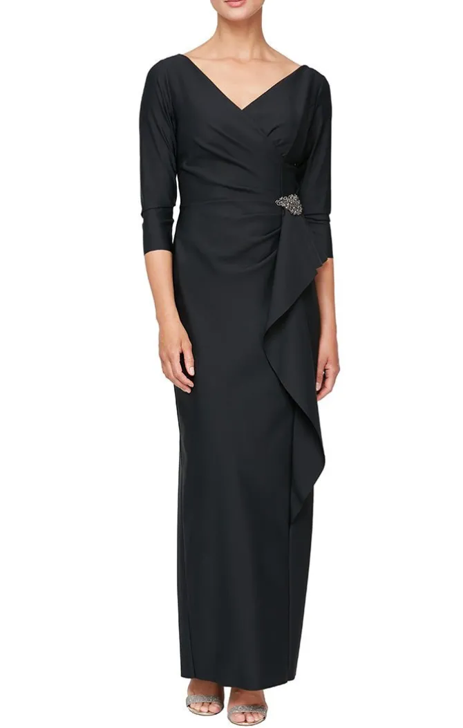 Compression Dress With Surplice Neckline, Cascade Ruffle Skirt And Embellishment Detail At Hip