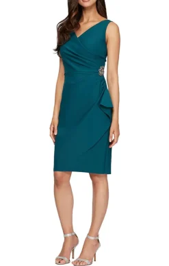 Compression Party Dress With Surplice Neckline, Cascade Ruffle Skirt & Beaded Detail At Hip