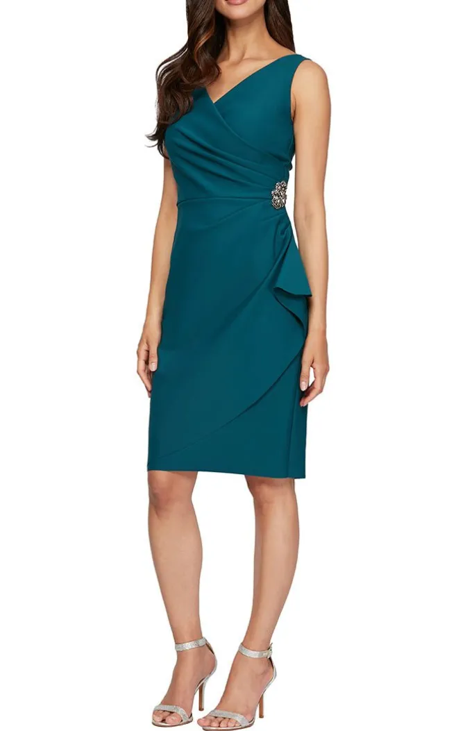 Compression Party Dress With Surplice Neckline, Cascade Ruffle Skirt & Beaded Detail At Hip