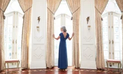 Cowl Neck A-Line Matte Jersey Dress With Pleated Bodice Detail