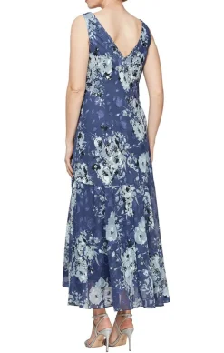 Cowl Neck Floral Chiffon Dress With High/Low Skirt And Matching Shawl