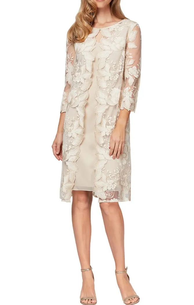 Embroidered Mock Jacket Dress With Attached Jacket & Chiffon Tank Dress
