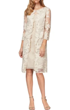 Embroidered Mock Jacket Dress With Attached Jacket & Chiffon Tank Dress