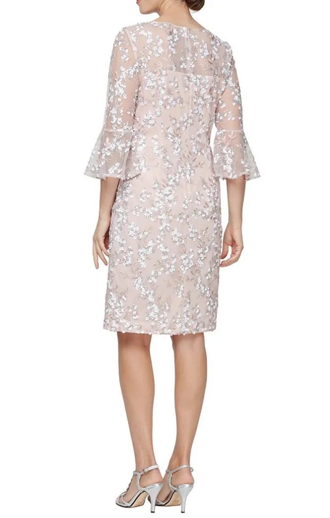 Embroidered Sequin Lace Sheath Dress With Illusion Neckline & Bell Sleeves
