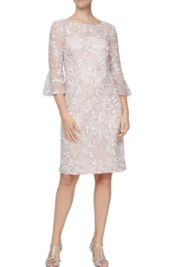 Embroidered Sequin Lace Sheath Dress With Illusion Neckline & Bell Sleeves