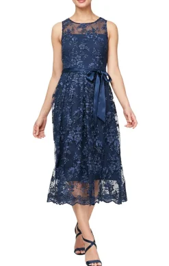 Embroidered Sleeveless Dress With Illusion Neckline & Tie Belt