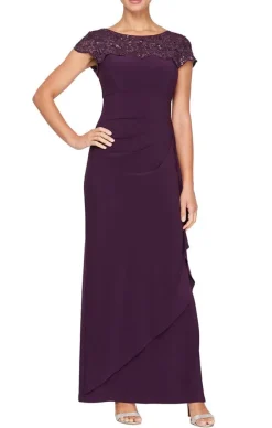 Empire Waist Dress With Cascade Detail Skirt And Embroidered Illusion Neckline