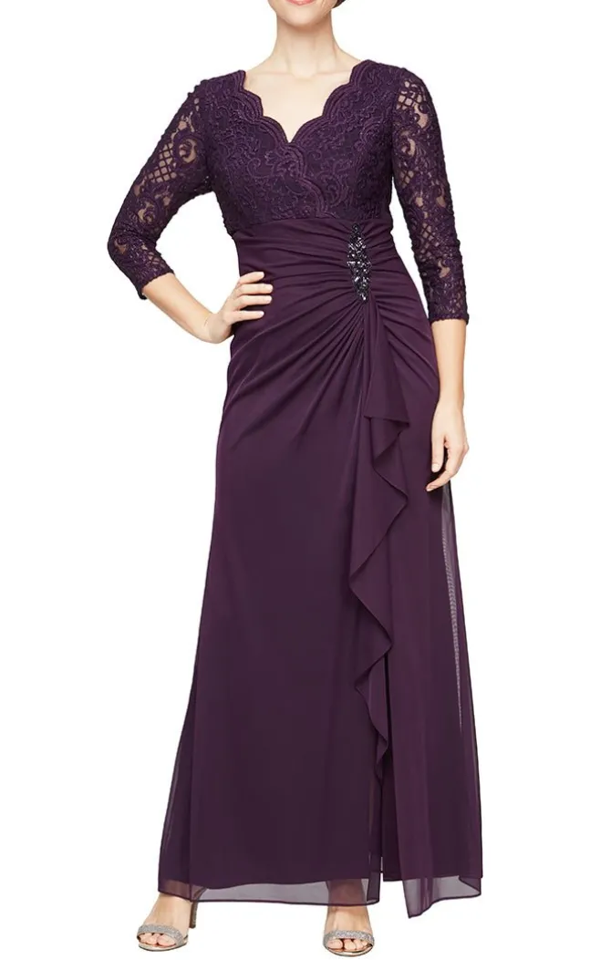 Empire Waist Lace & Mesh Dress With Surplice Neckline