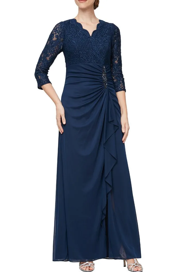 Empire Waist Lace & Mesh Dress With Surplice Neckline