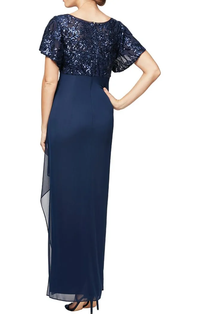 Empire Waist Mesh With Embroidered Sequin Bodice, Flutter Sleeves And Cascade Detail Skirt