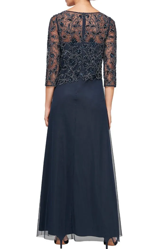 Glass Bead Embroidered Mock Dress With A-Line Mesh Skirt & Illusion Neckline