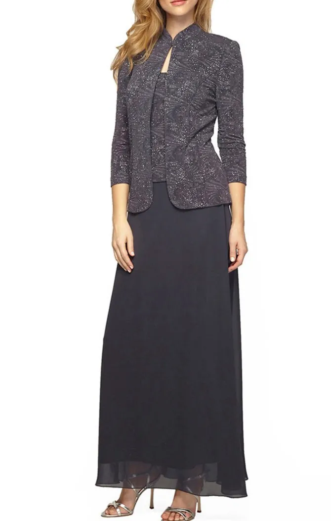Glitter Jacquard Knit Jacket Dress With Mandarin Neckline