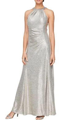 Halter Neck Metallic Knit Dress With Ruched Waist Detail